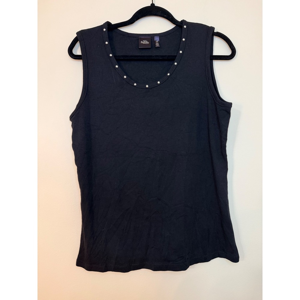 Rafaella Black Cotton Ribbed Tank Top Silver Studded Scoop Neck Large